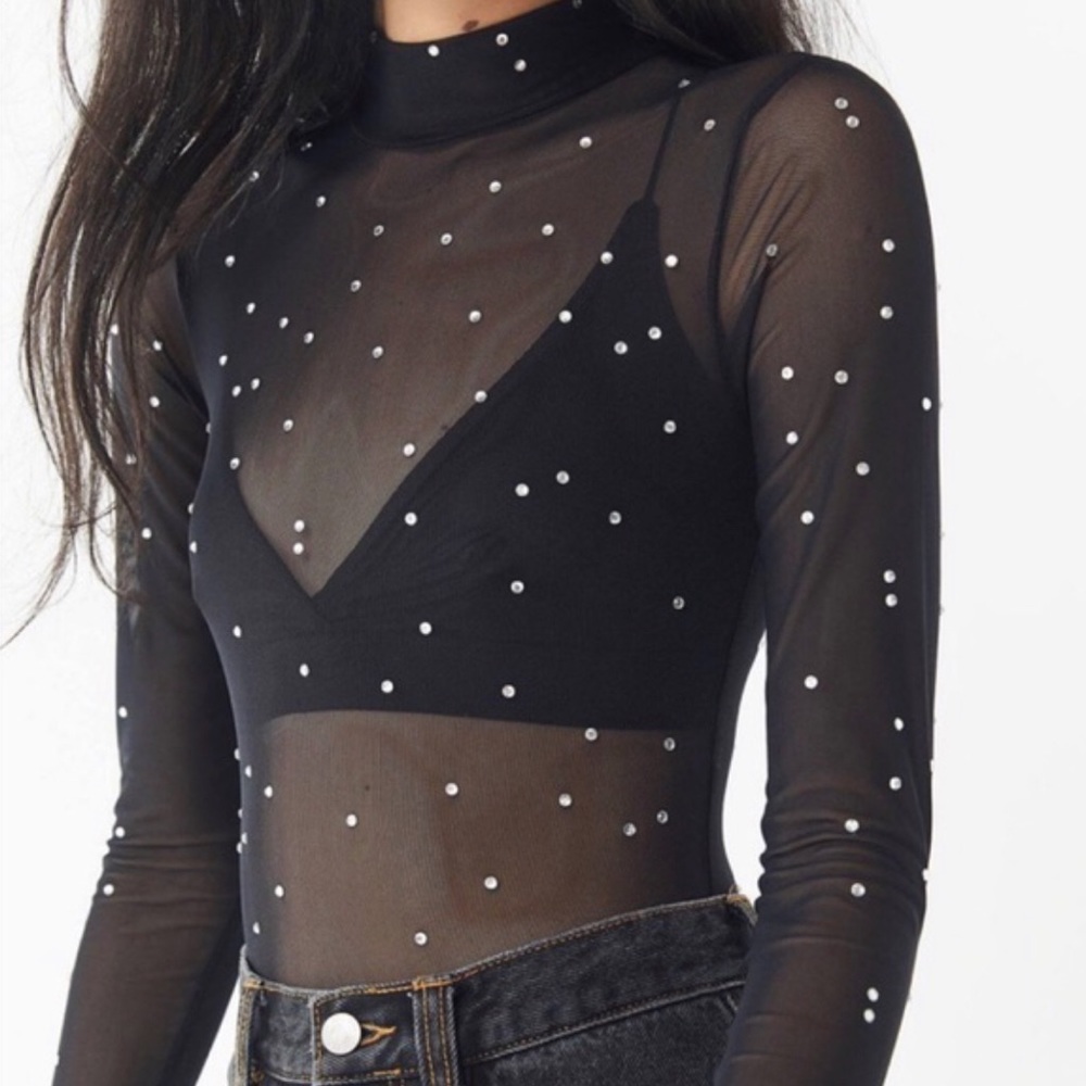 Urban Outfitters Sheer Mock Neck Rhinestone Bodysuit!